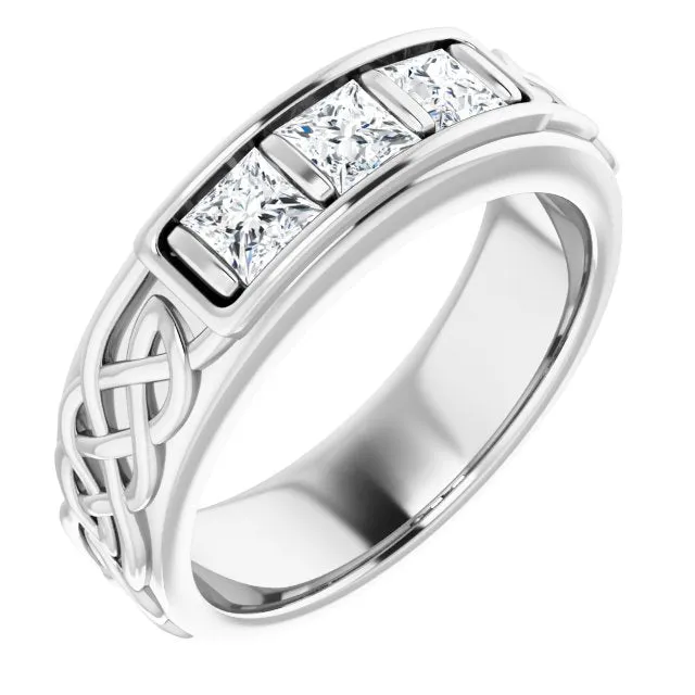 1.0 ctw Bar Set Princess Diamond Men's Ring Celtic Knot Design