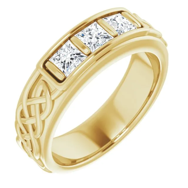 1.0 ctw Bar Set Princess Diamond Men's Ring Celtic Knot Design