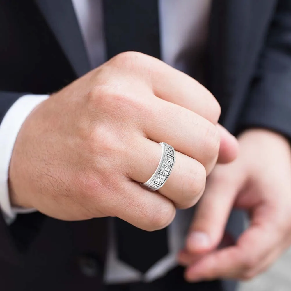 1.0 ctw Bar Set Princess Diamond Men's Ring Celtic Knot Design