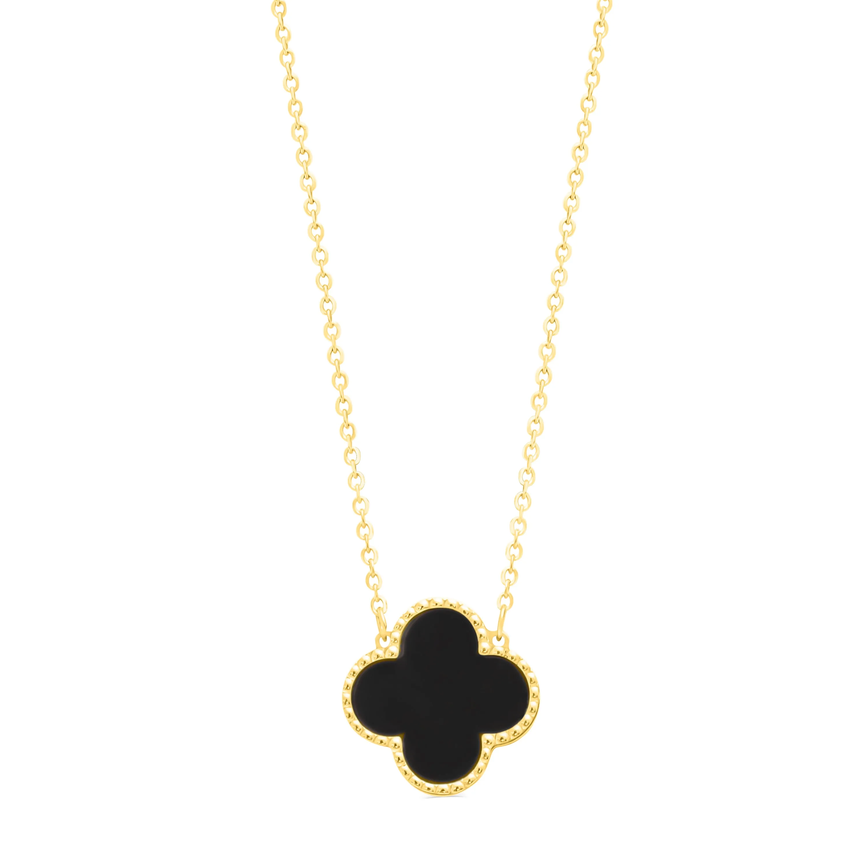 10K Yellow Gold (14mm) Designer Style Clover Black Onyx Beaded Edge Necklace