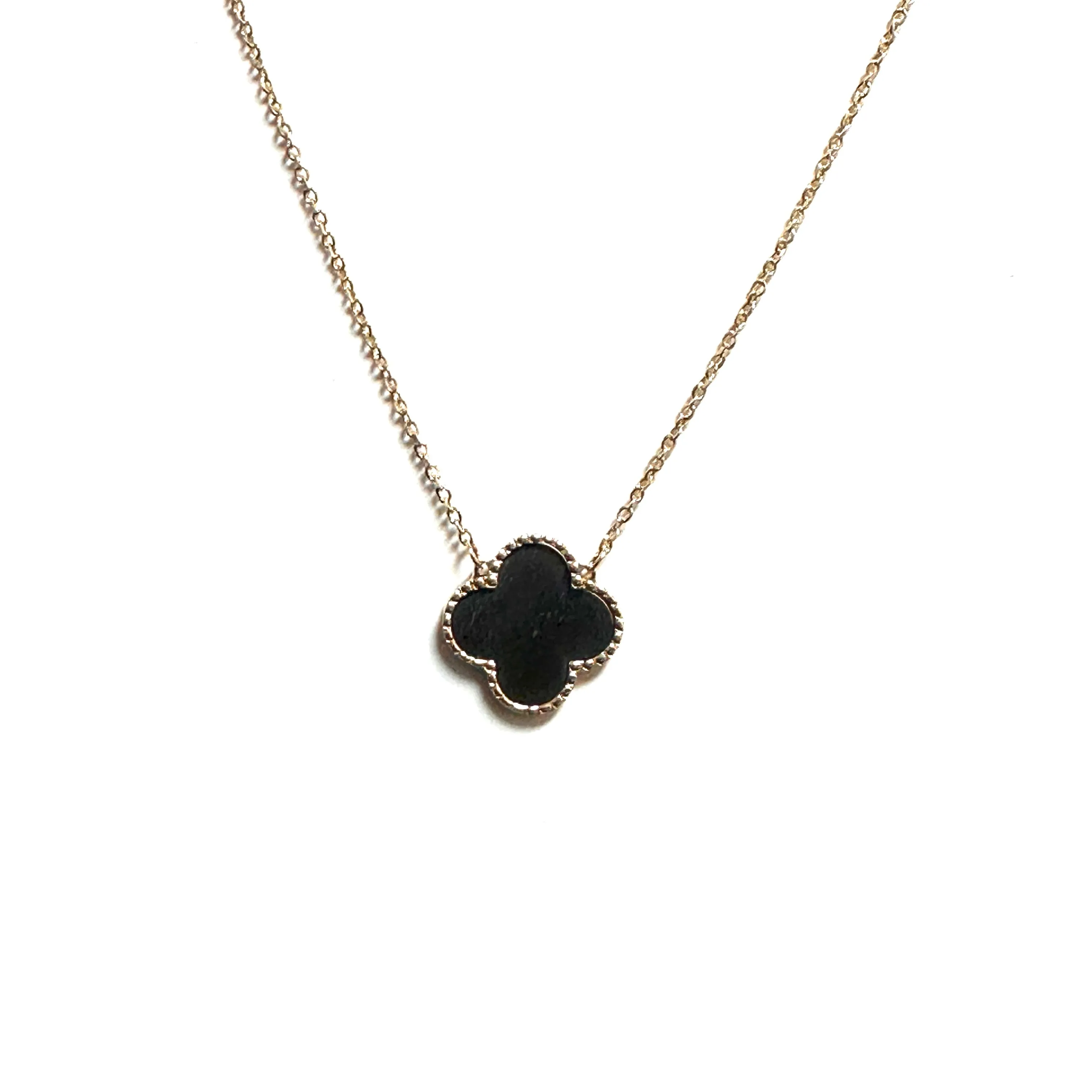 10K Yellow Gold (14mm) Designer Style Clover Black Onyx Beaded Edge Necklace