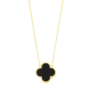 10K Yellow Gold (14mm) Designer Style Clover Black Onyx Beaded Edge Necklace