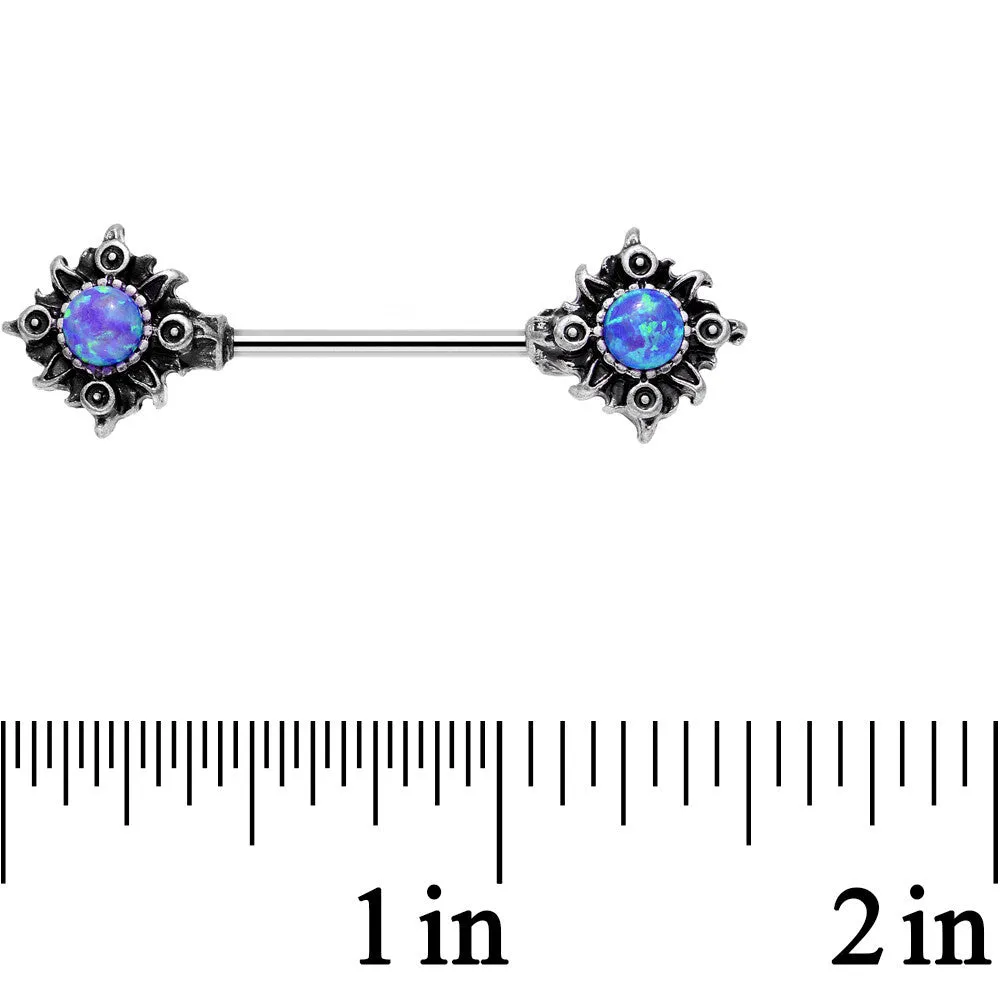14 Gauge 5/8 Blue Synthetic Opal Tribal Sun Barbell Nipple Ring Set