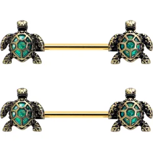 14 Gauge 5/8 Gold Tone Anodized Sea Turtle Style Barbell Nipple Ring Set