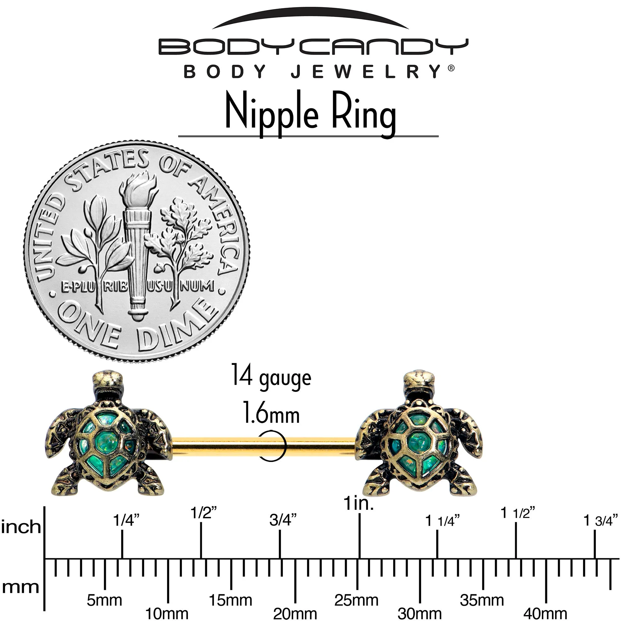 14 Gauge 5/8 Gold Tone Anodized Sea Turtle Style Barbell Nipple Ring Set