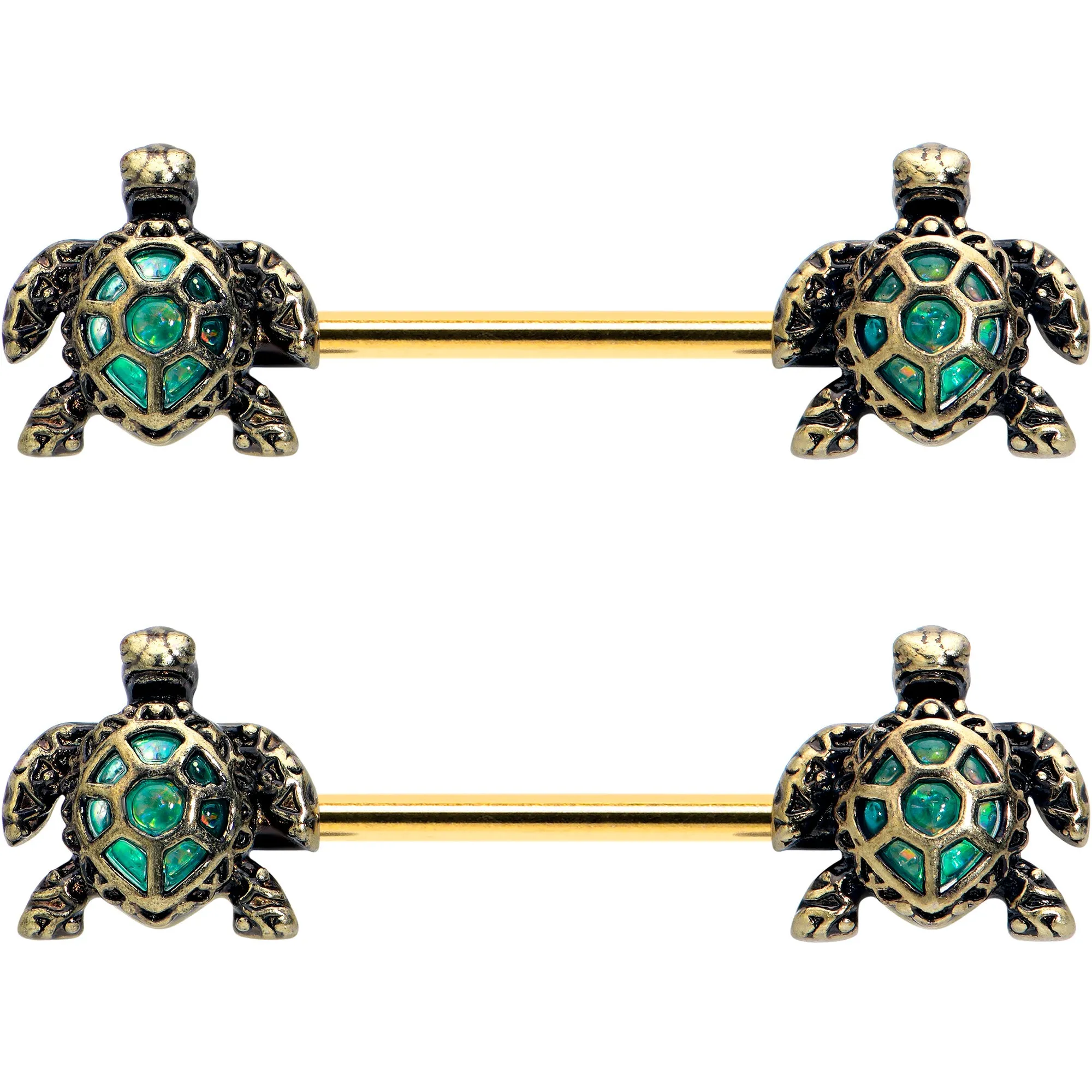 14 Gauge 5/8 Gold Tone Anodized Sea Turtle Style Barbell Nipple Ring Set