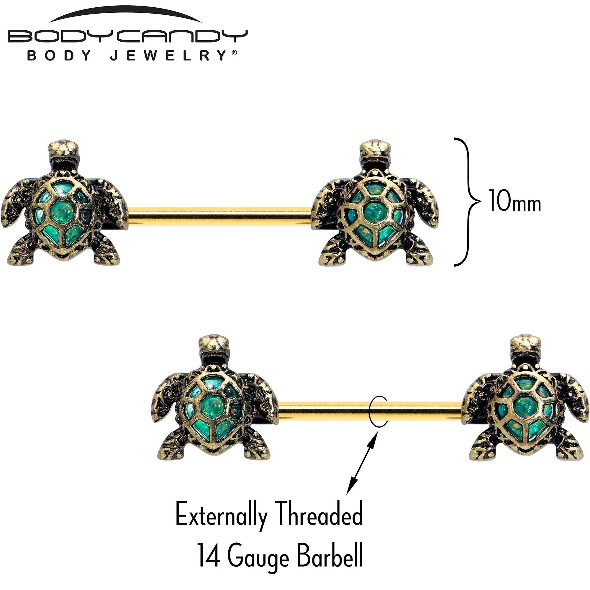 14 Gauge 5/8 Gold Tone Anodized Sea Turtle Style Barbell Nipple Ring Set