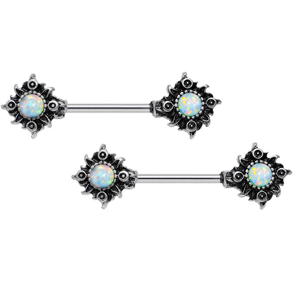 14 Gauge 5/8 White Synthetic Opal Tribal Sun Nipple Barbell Set