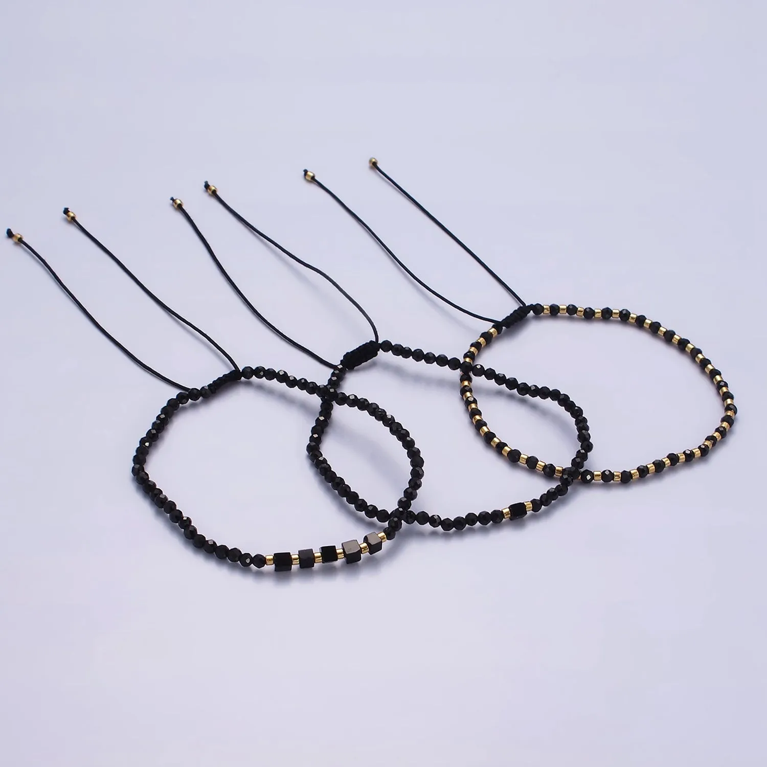 14K Gold Filled Onyx Multifaceted Black Rope Adjustable Friendship Bracelet | WA-2165 ~ WA-2167