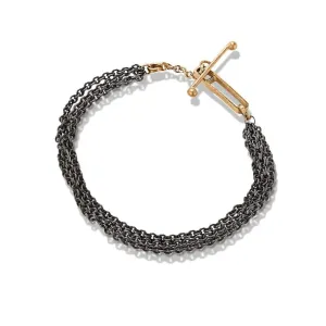 14K Gold Handmade Toggle Clasp "Friendship" Bracelet with Three Oxidized Silver Chains