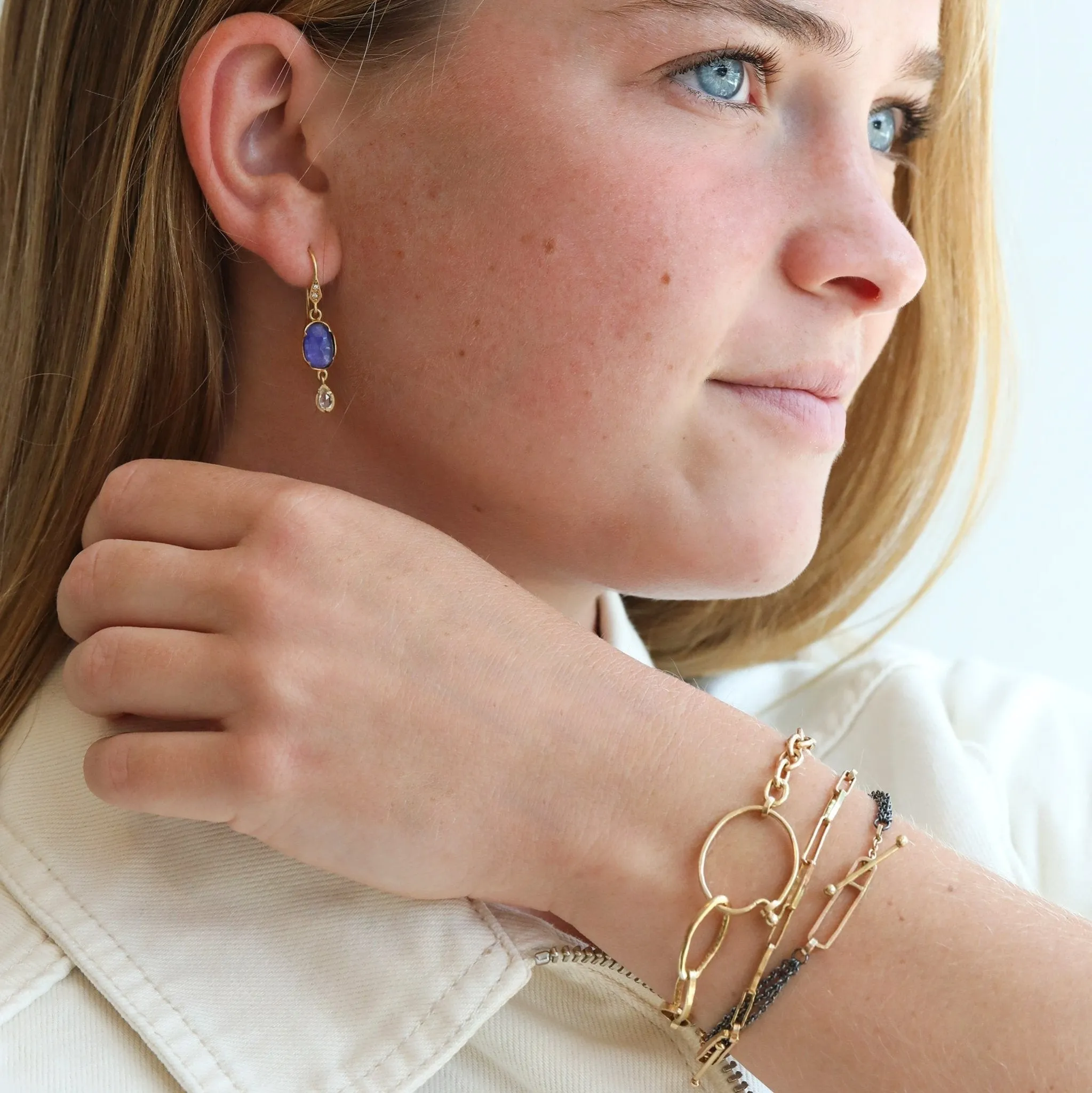 14K Gold Handmade Toggle Clasp "Friendship" Bracelet with Three Oxidized Silver Chains