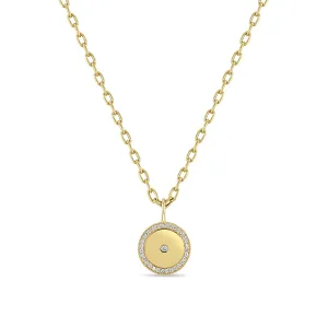 14k Medium Diamond Disc with Diamond Border Square Oval Chain Necklace