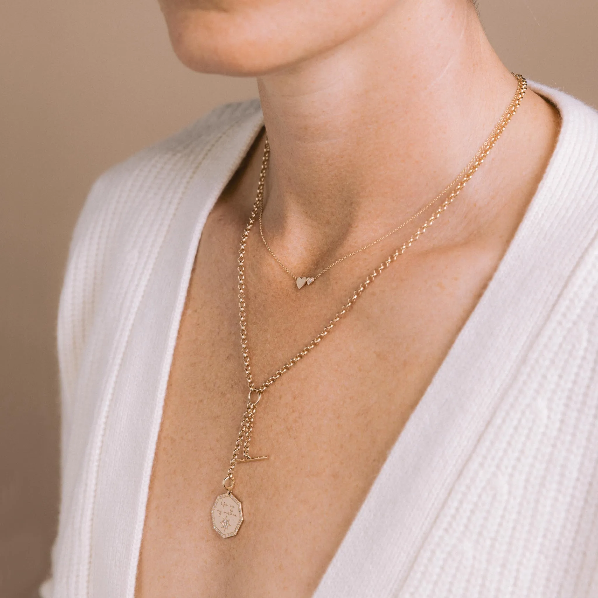 14k Medium "You are my sunshine" Diamond Octagon Mantra & Toggle Rolo Chain Lariat