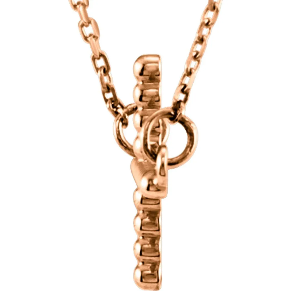 14k Rose Gold 12.05x19.5mm Sideways Beaded Cross 16.5" Necklace