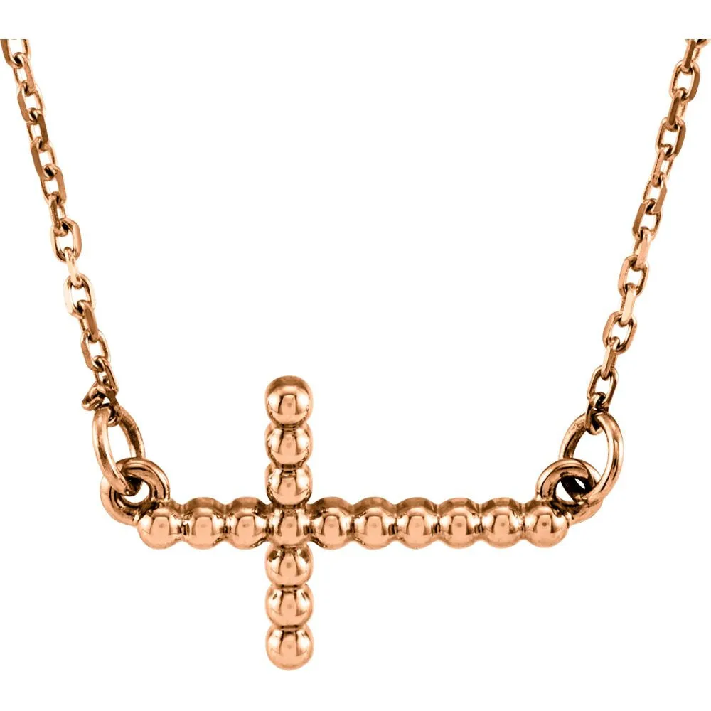 14k Rose Gold 12.05x19.5mm Sideways Beaded Cross 16.5" Necklace