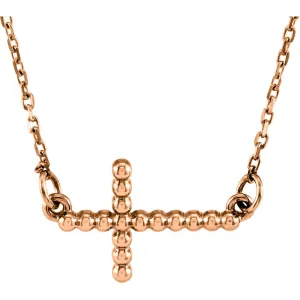 14k Rose Gold 12.05x19.5mm Sideways Beaded Cross 16.5" Necklace