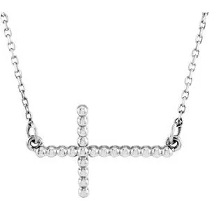 14K White 9.45x15.6 mm Sideways Beaded Cross 16.5" Necklace