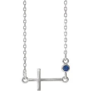 14K White Chatham® Created Blue Sapphire Sideways Accented Cross 16-18" Necklace