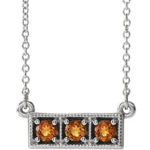 14K White Citrine Three-Stone Granulated Bar 16-18" Necklace