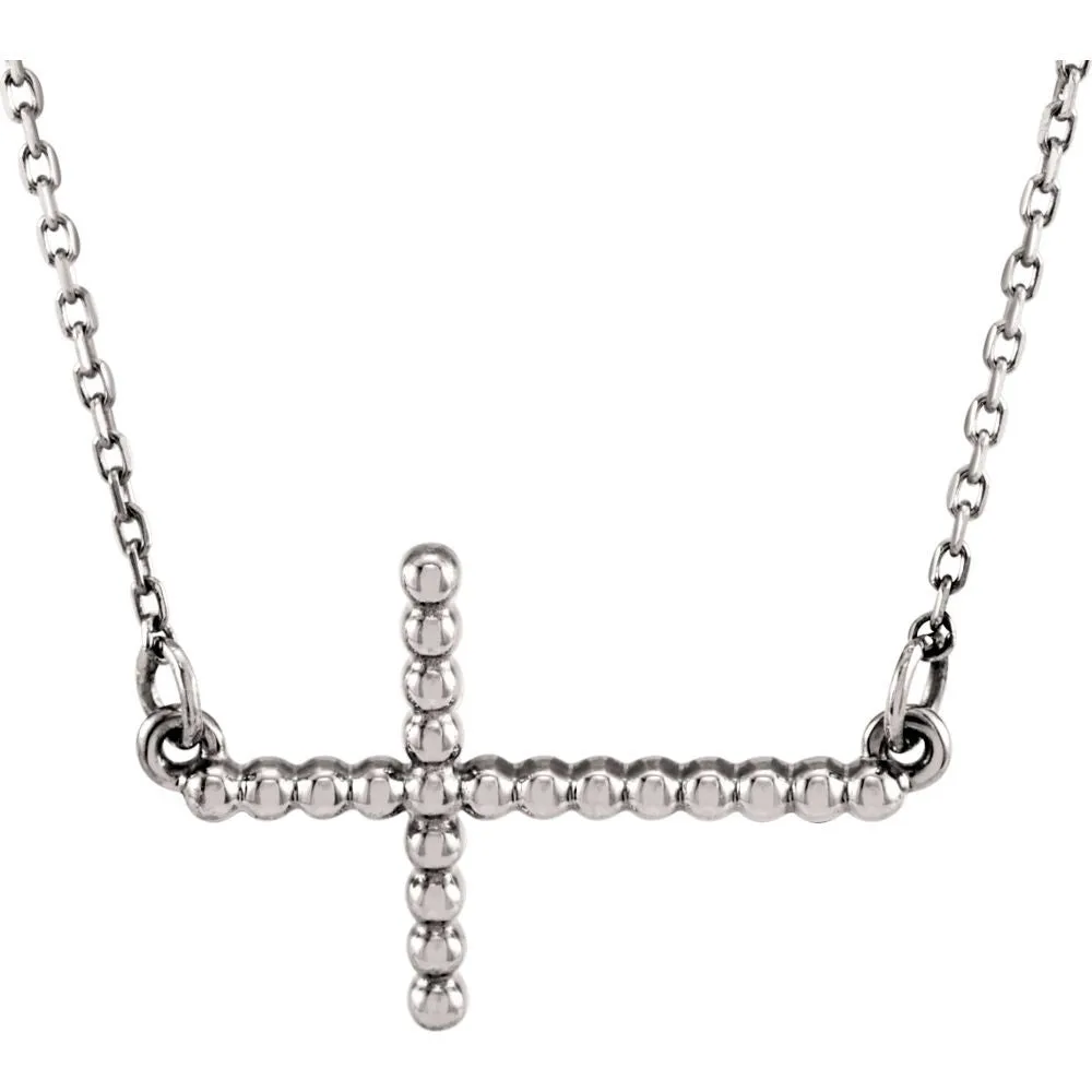 14k White Gold 9.45x15.6mm Sideways Beaded Cross 16.5" Necklace