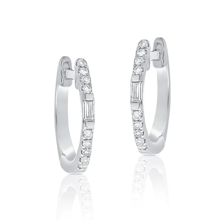 14K White Gold Round and Baguette Diamond Huggie Earrings