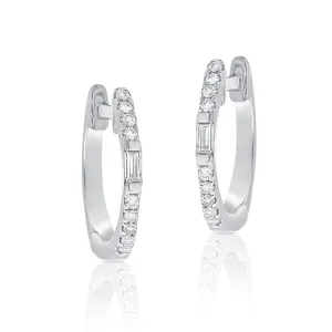 14K White Gold Round and Baguette Diamond Huggie Earrings