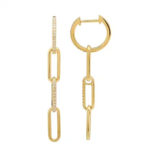 14K Yellow Gold Diamond Paperclip Link Dangle Earrings