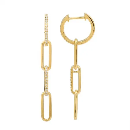 14K Yellow Gold Diamond Paperclip Link Dangle Earrings