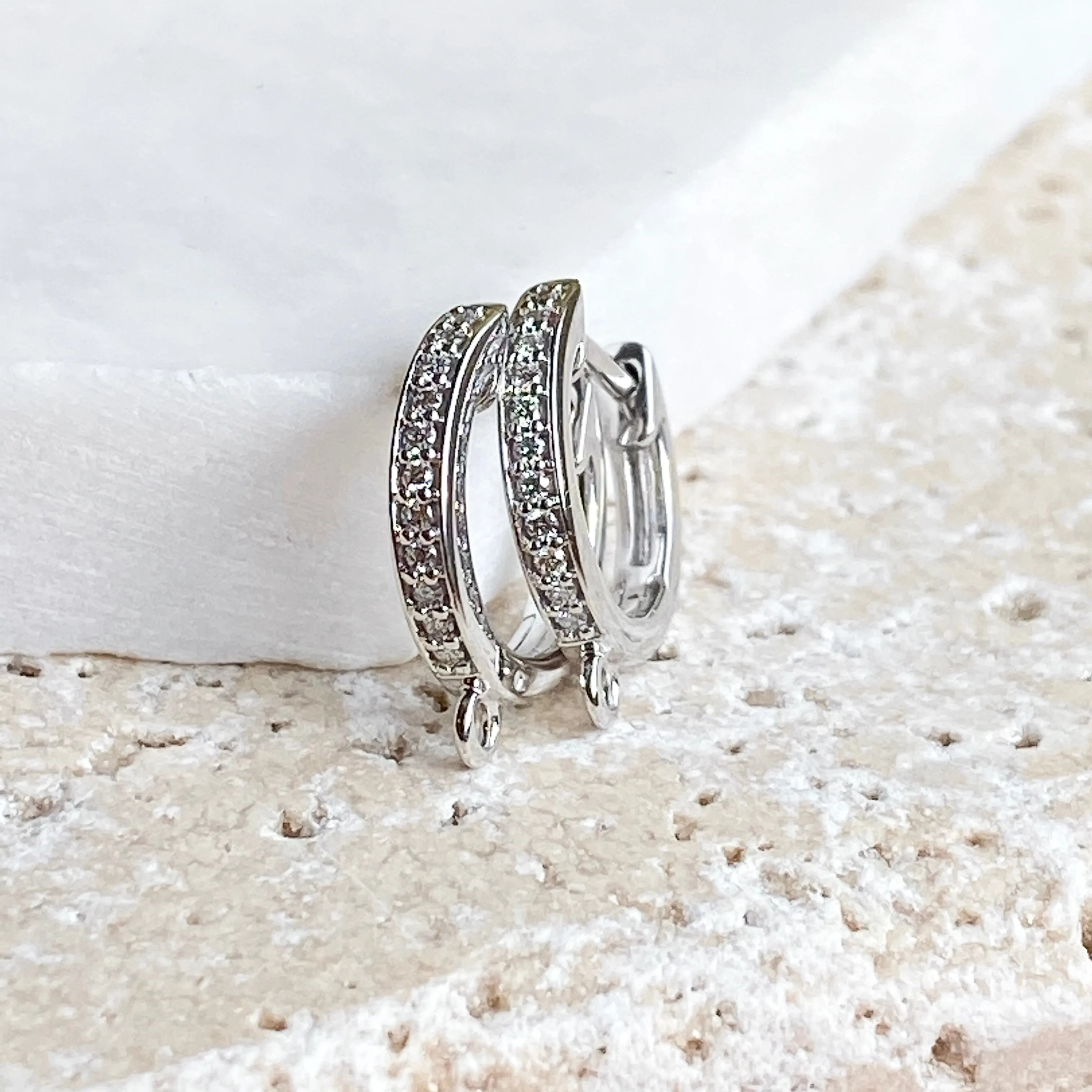 14KT White Gold 1/10 CT Pave Diamond Huggie Hoop Jump Ring Earrings