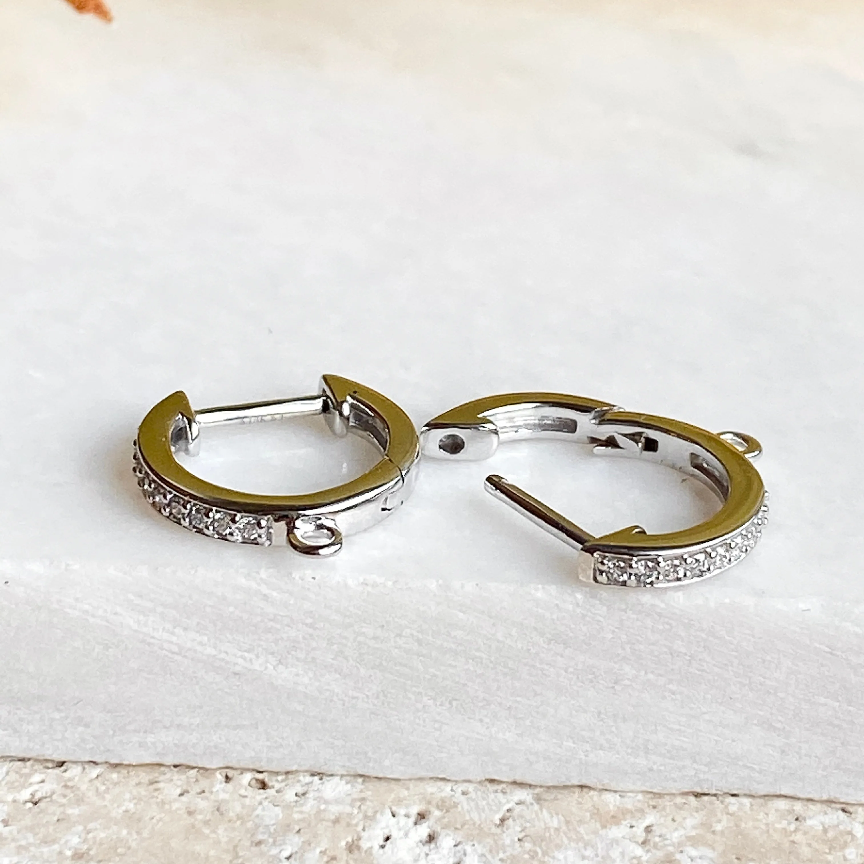 14KT White Gold 1/10 CT Pave Diamond Huggie Hoop Jump Ring Earrings