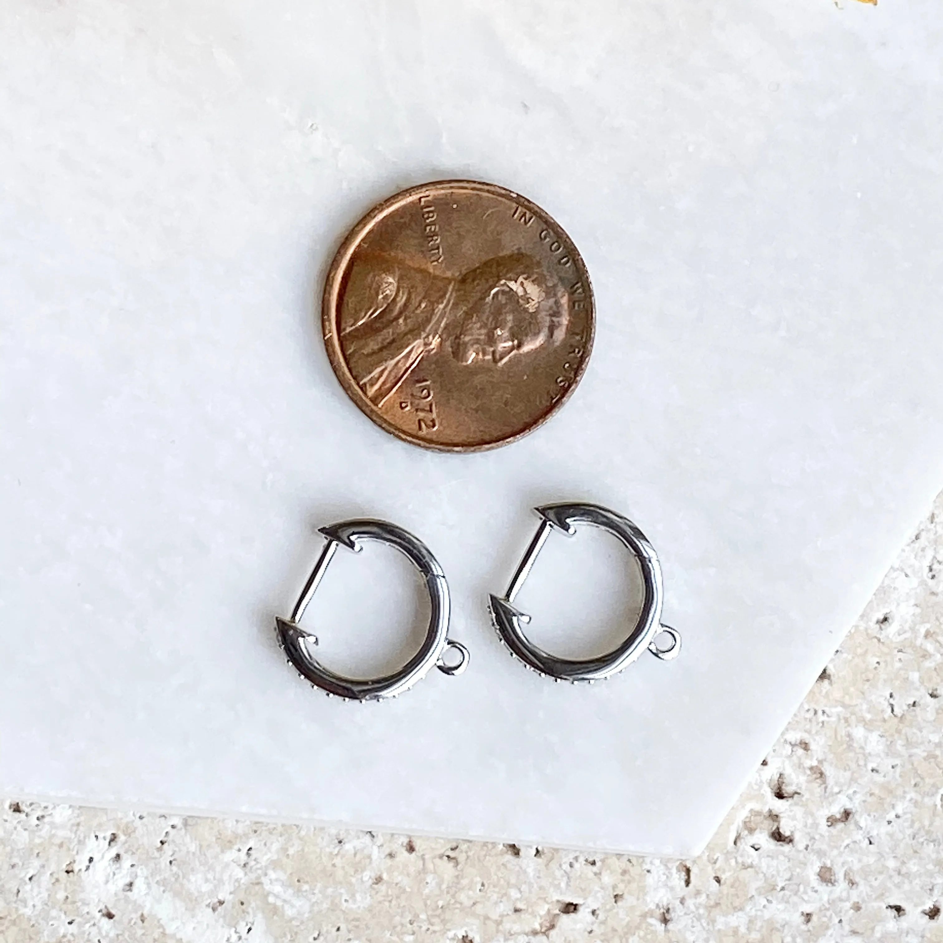 14KT White Gold 1/10 CT Pave Diamond Huggie Hoop Jump Ring Earrings