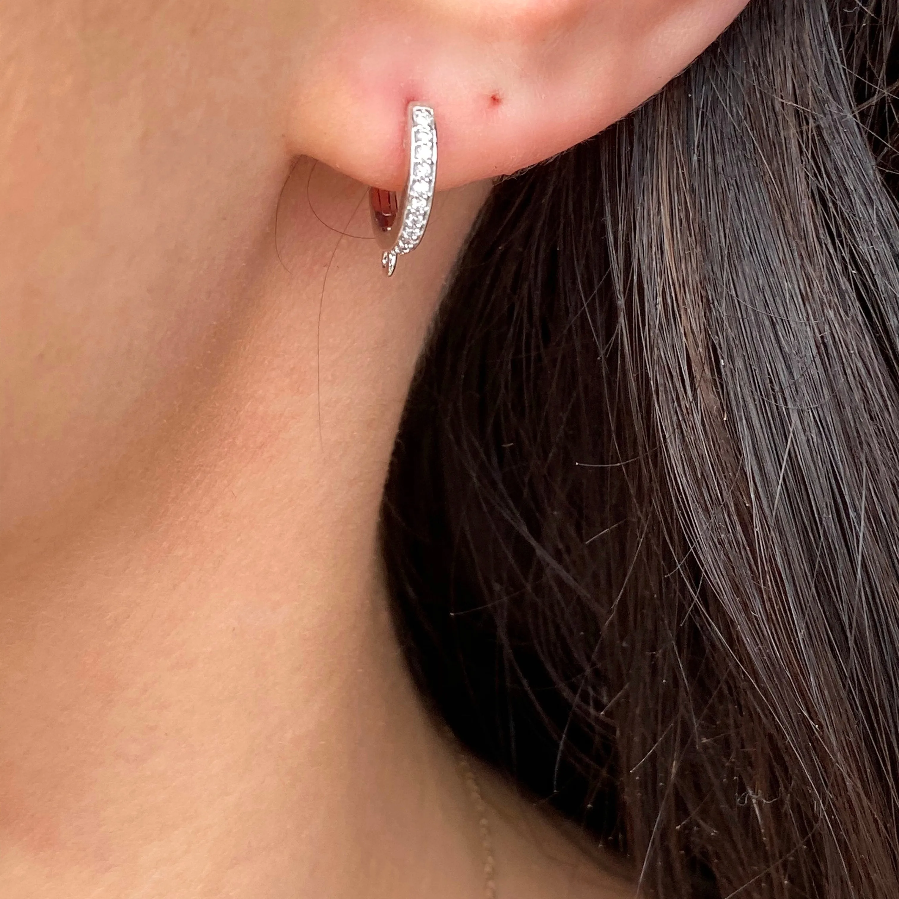 14KT White Gold 1/10 CT Pave Diamond Huggie Hoop Jump Ring Earrings