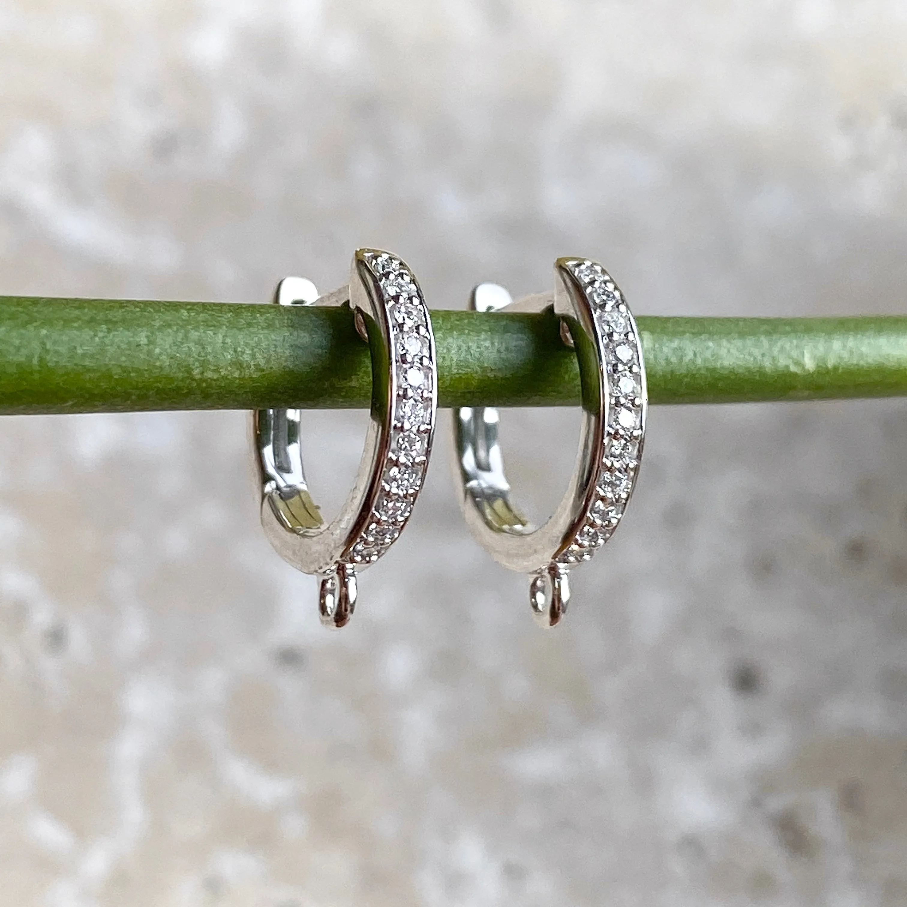 14KT White Gold 1/10 CT Pave Diamond Huggie Hoop Jump Ring Earrings