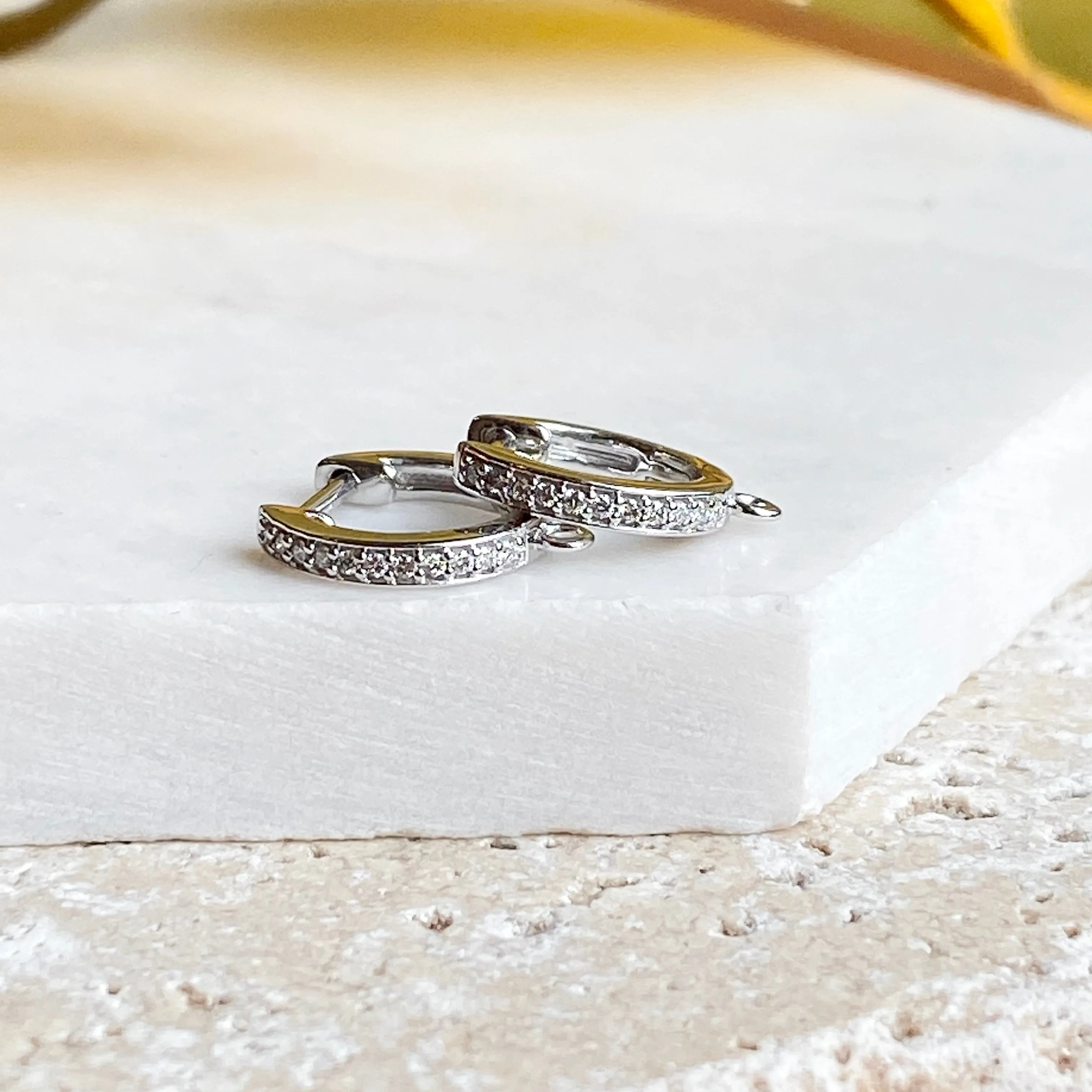 14KT White Gold 1/10 CT Pave Diamond Huggie Hoop Jump Ring Earrings