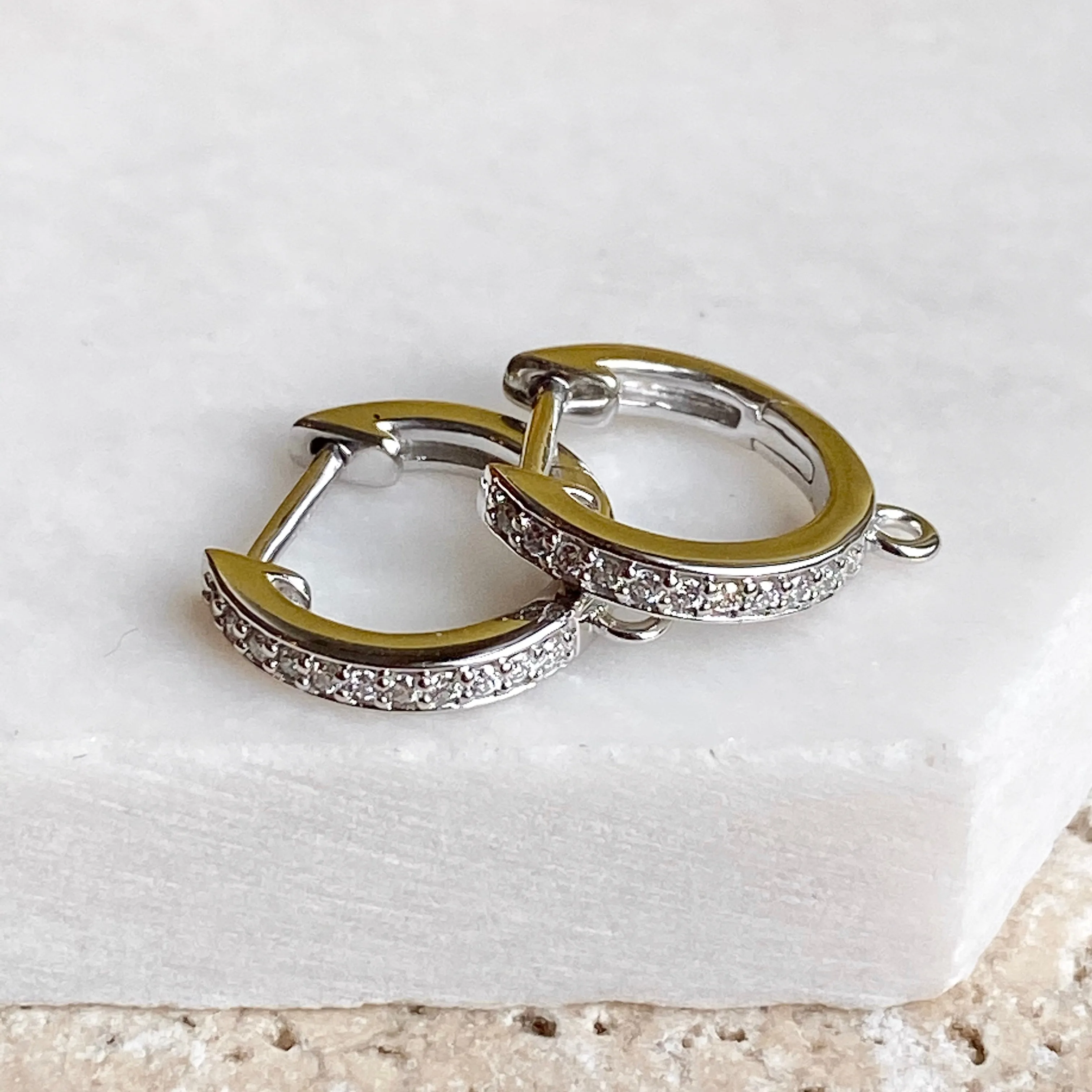 14KT White Gold 1/10 CT Pave Diamond Huggie Hoop Jump Ring Earrings