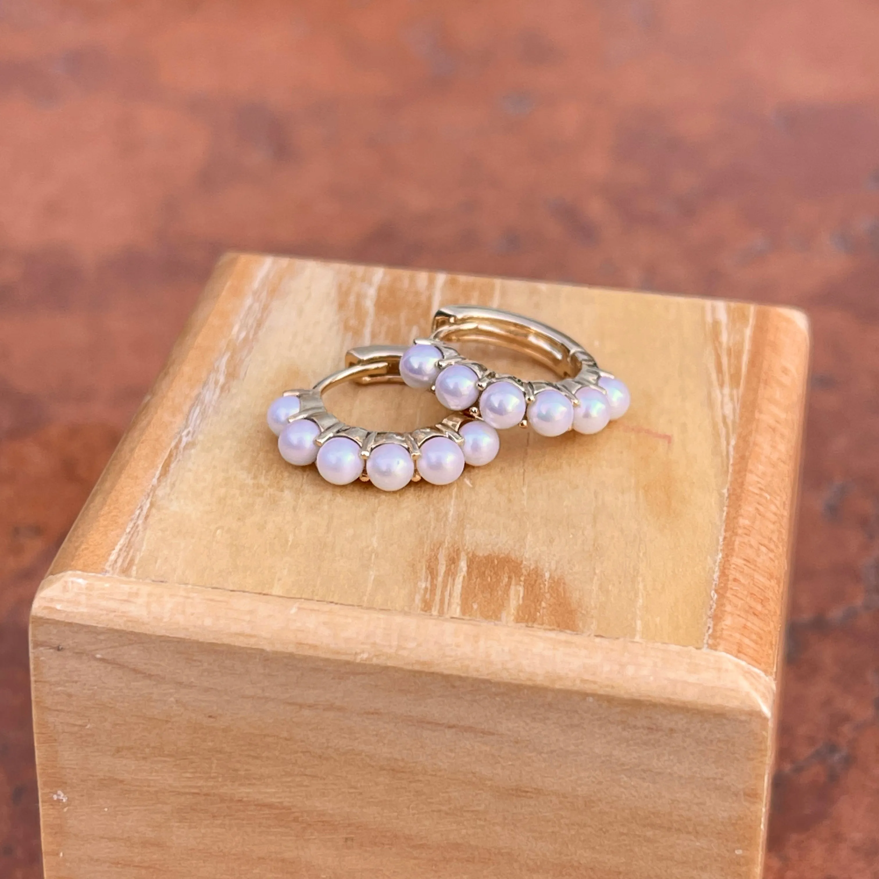14KT Yellow Gold Freshwater Pearl Huggie Hoop Earrings 15.5mm