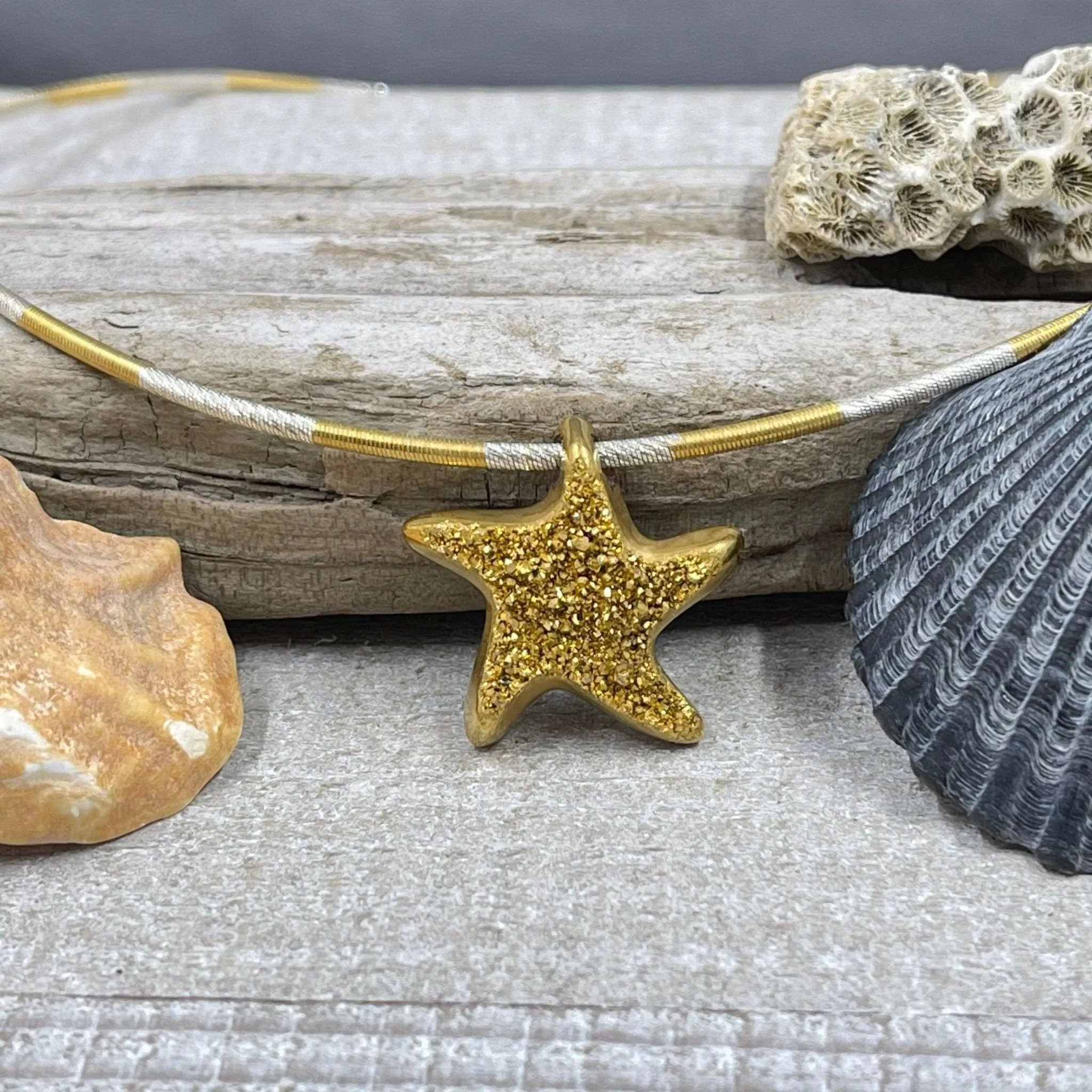 18K Gold Coated Starfish Drusy on Bi-Colored Cable Chain