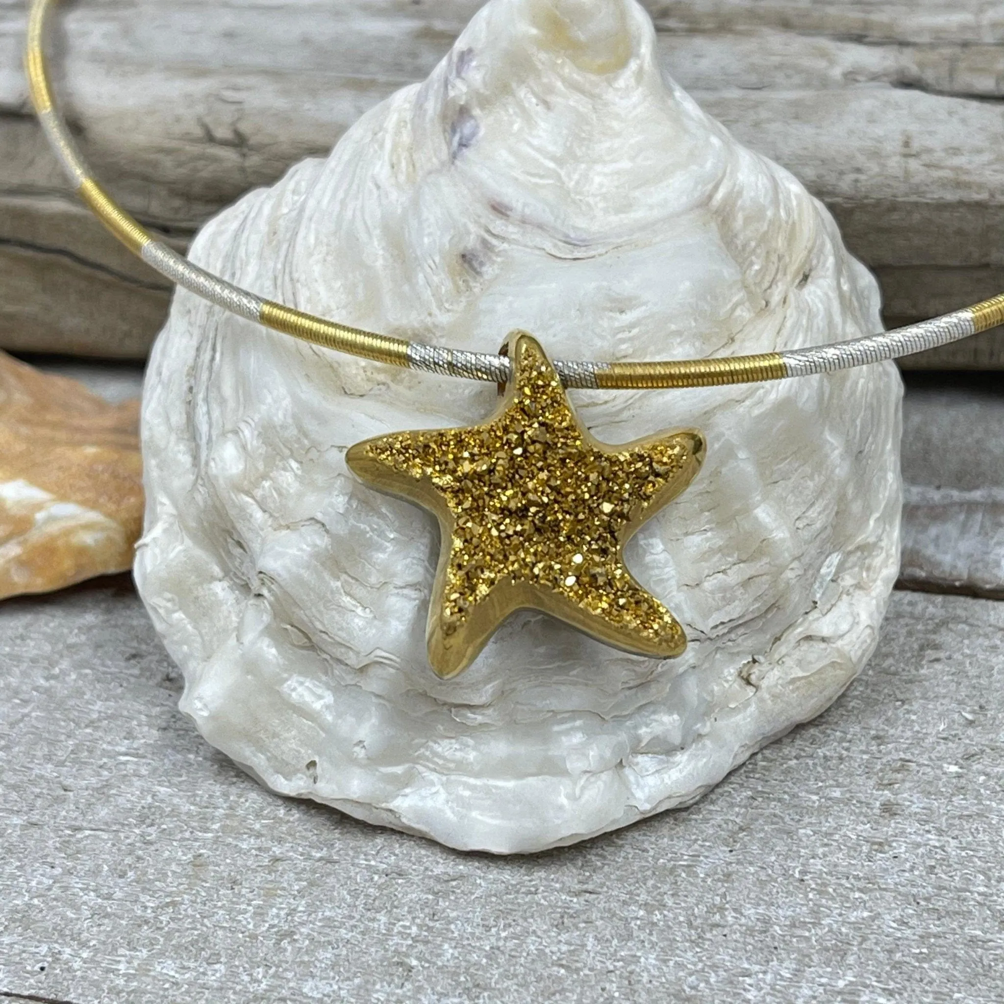 18K Gold Coated Starfish Drusy on Bi-Colored Cable Chain