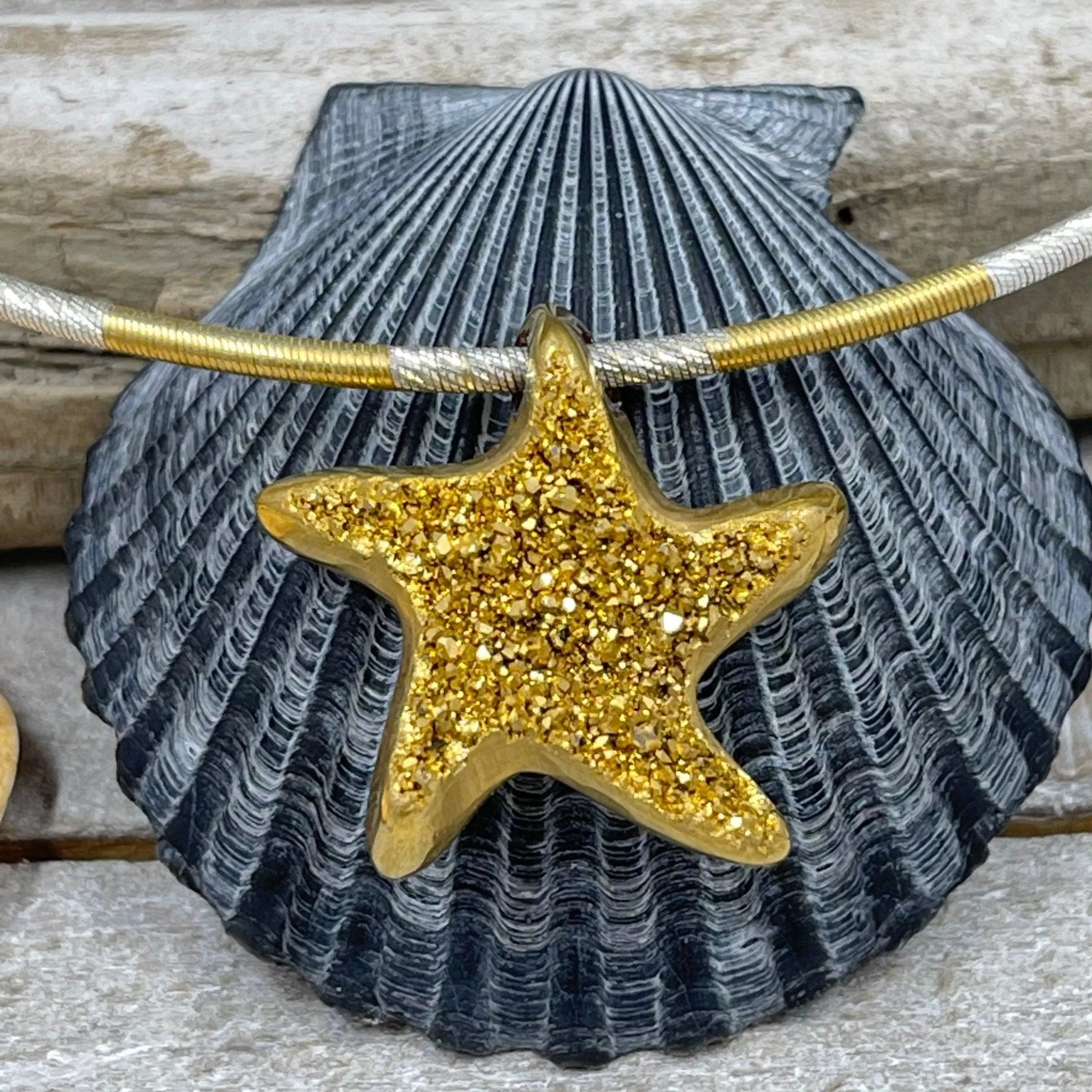 18K Gold Coated Starfish Drusy on Bi-Colored Cable Chain