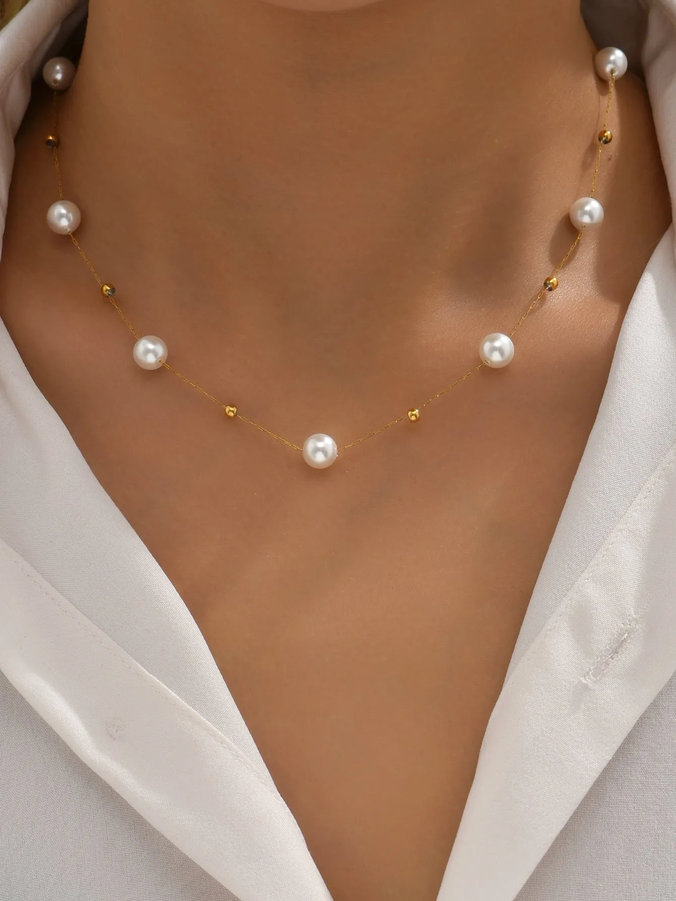 18k Gold Plated 1pc Stainless Steel Beaded Necklace, Suitable For Daily Wear And Holiday Gifts For Friends