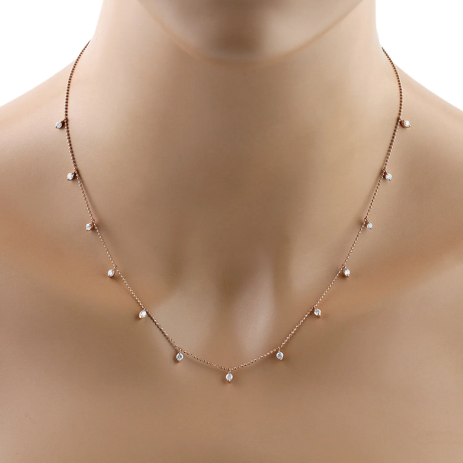 18K Rose Gold Prong Set Diamond Beaded Chain Princess Necklace For Her
