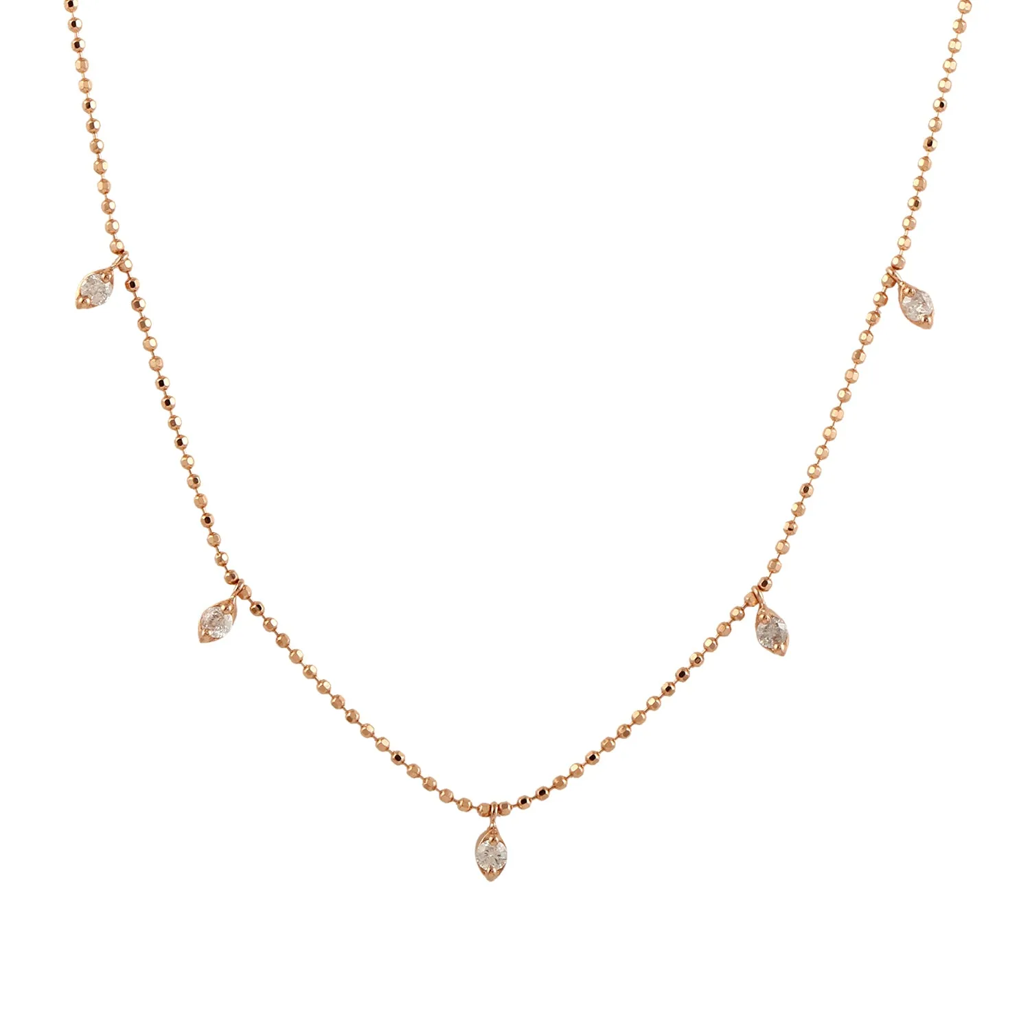 18K Rose Gold Prong Set Diamond Beaded Chain Princess Necklace