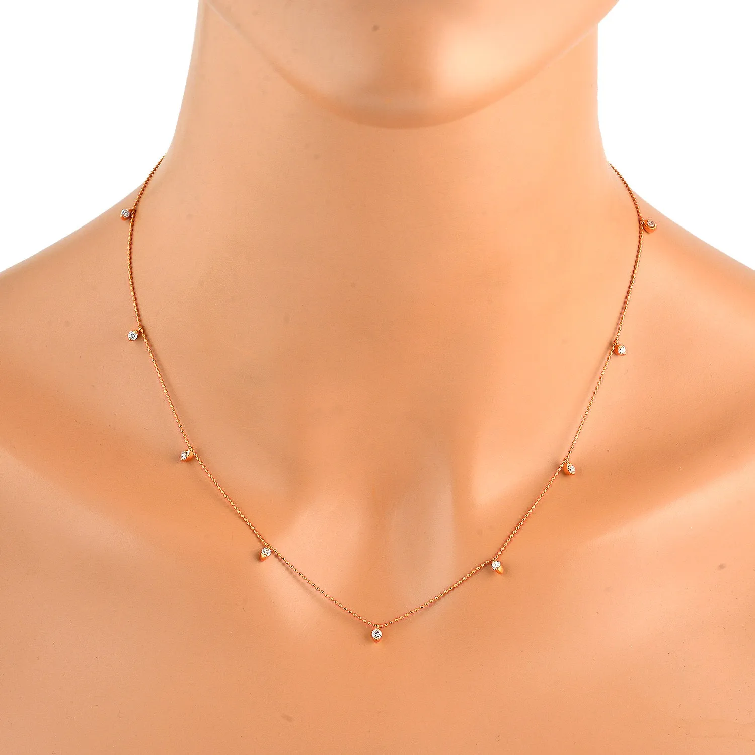 18K Rose Gold Prong Set Diamond Beaded Chain Princess Necklace