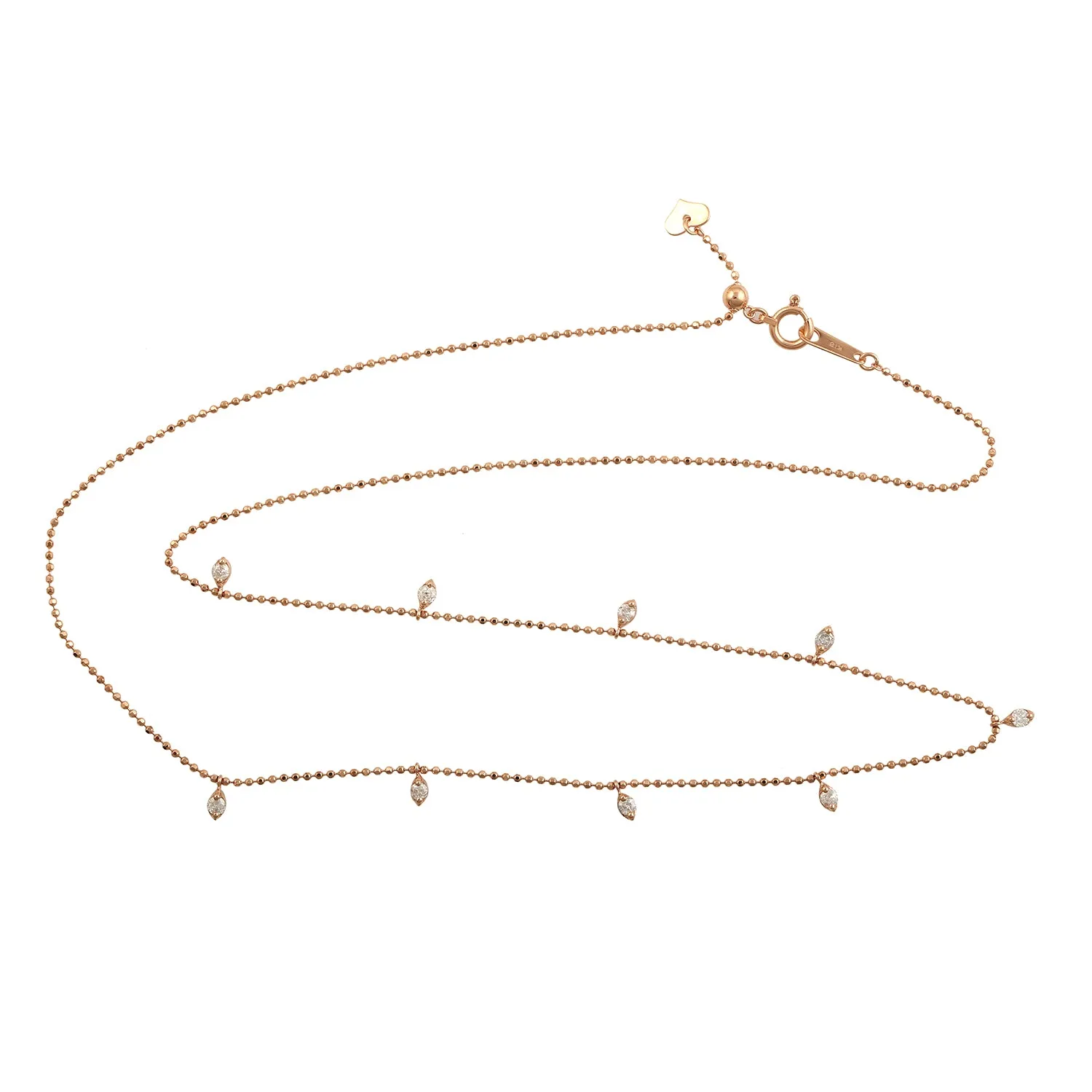 18K Rose Gold Prong Set Diamond Beaded Chain Princess Necklace