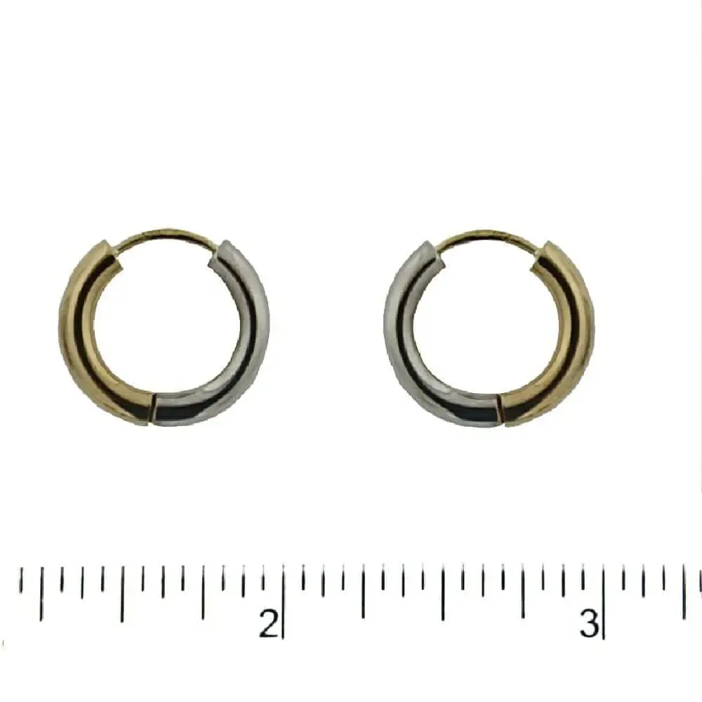 18K Solid Two Tone Round Tubular Hinged Huggie Earrings