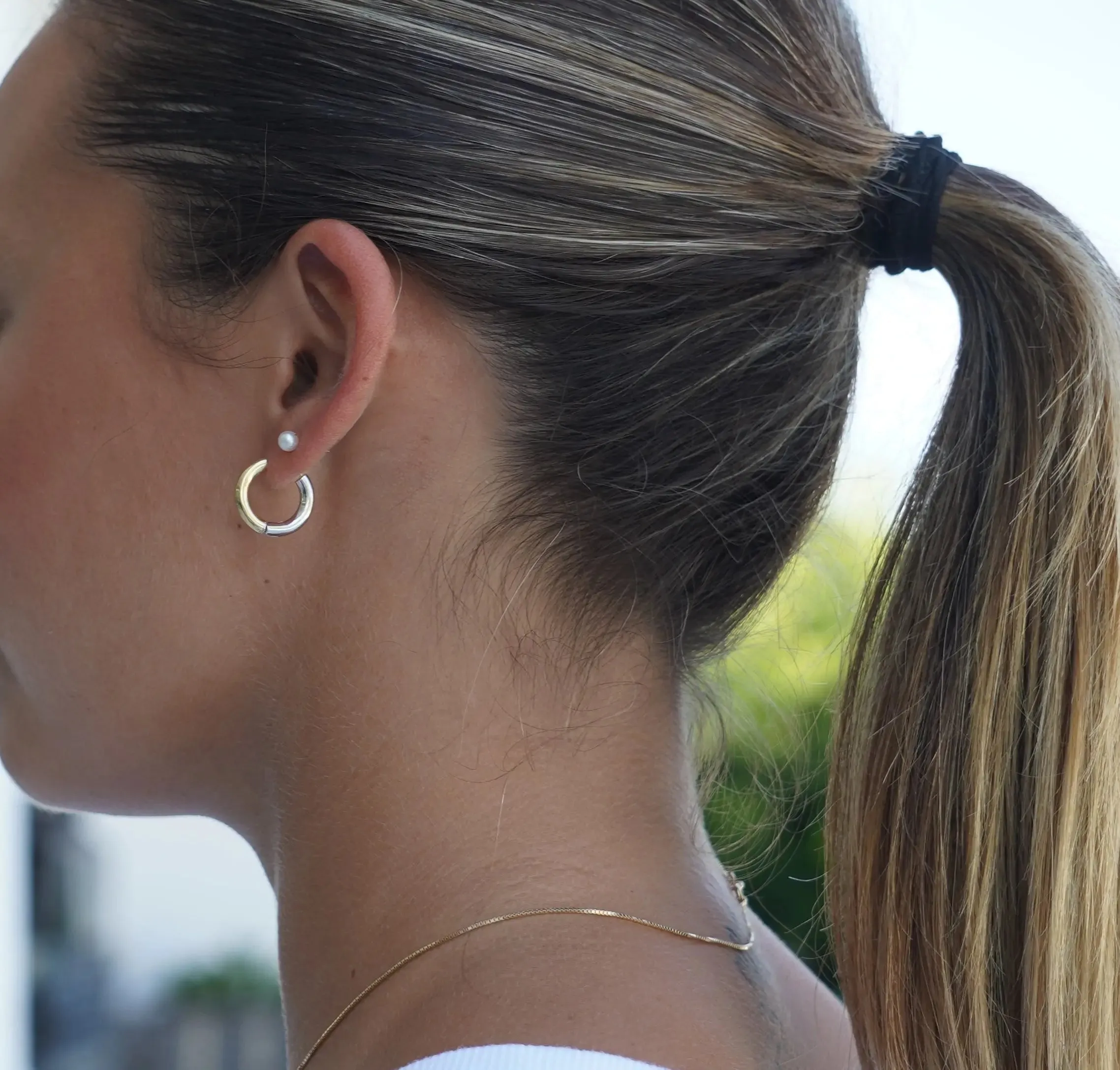 18K Solid Two Tone Round Tubular Hinged Huggie Earrings