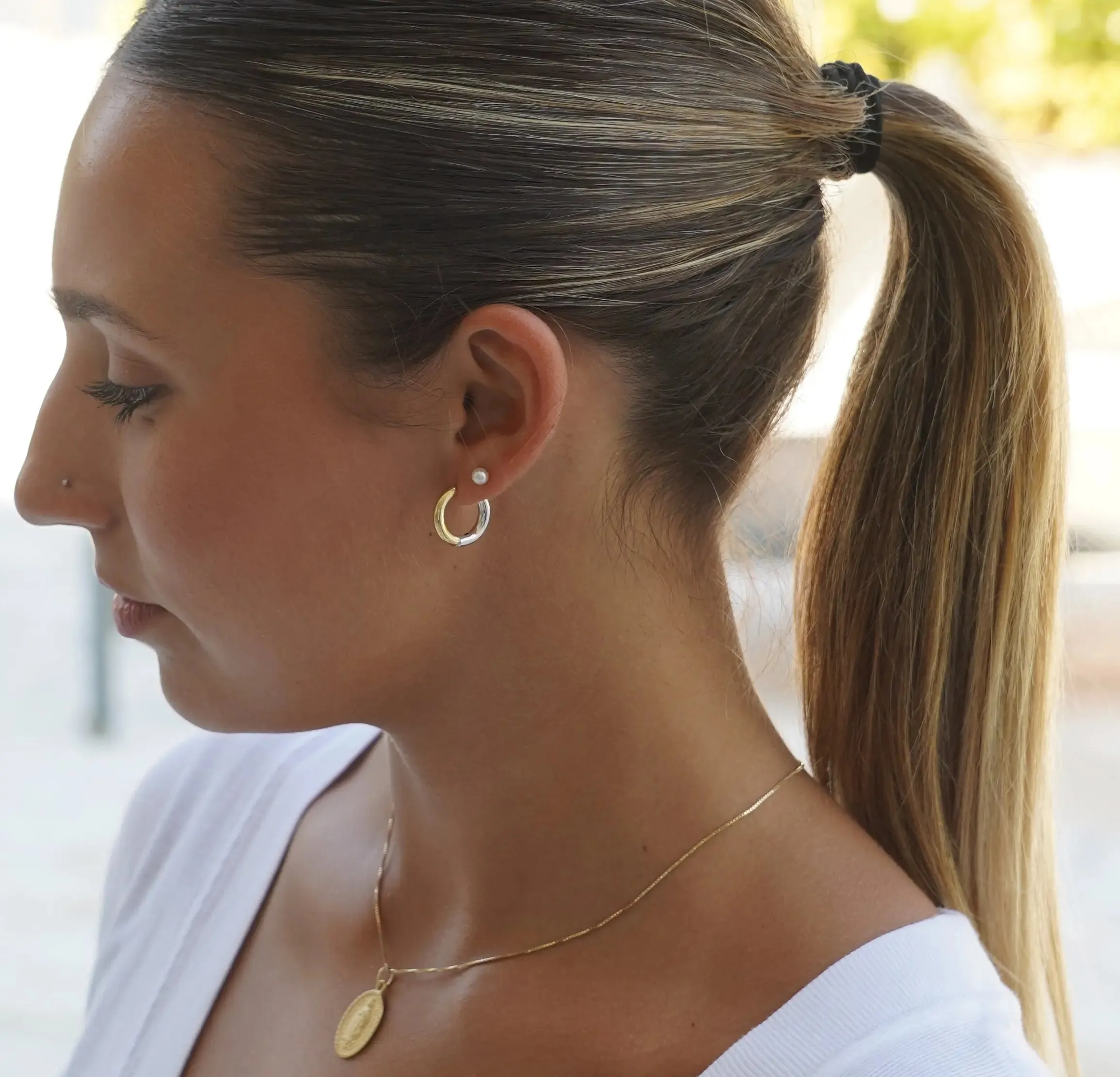 18K Solid Two Tone Round Tubular Hinged Huggie Earrings