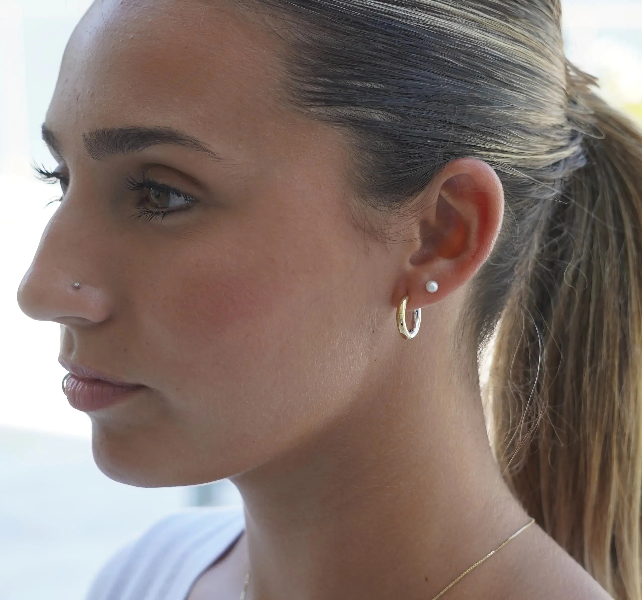 18K Solid Two Tone Round Tubular Hinged Huggie Earrings