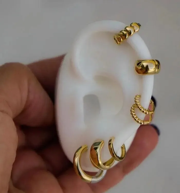 18K Solid Two Tone Round Tubular Hinged Huggie Earrings