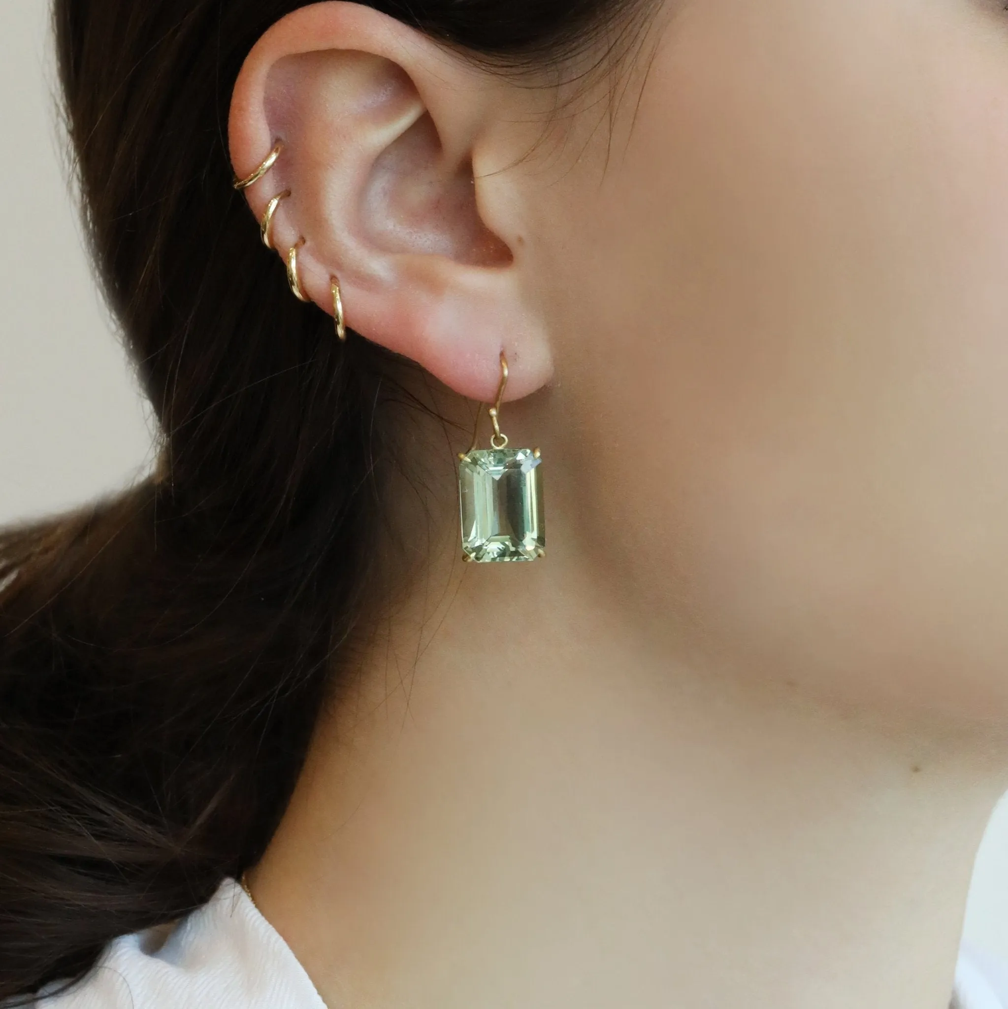18K Yellow Gold Earring With Emerald Cut Green Amethyst